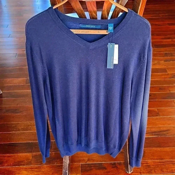 Perry Ellis Men’s Large Pullover V-Neck  Bay Blue Long Sleeve Wool Blend - Picture 1 of 13